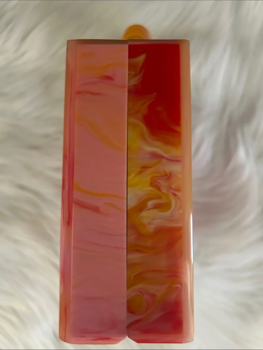 NWT Marbled Orange-Pink Acrylic Top-Handle Clutch w/ chain